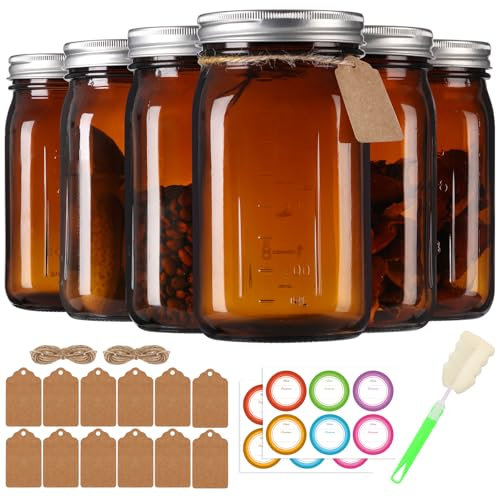 Homerove 6 Pack 32 oz Amber Glass Mason Jars with Airtight Lids and Bands, Amber Quart Wide Mouth Canning Jars with Lids for Preserving, Jam, Sauces, Pickle Fermenting, DIY Projects