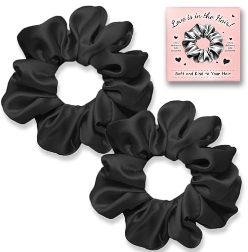 Seide Haargummi - Seiden Haarband aus Maulbeerseide, Silk Scrunchie, Haarband zum Schlafen, Scrunchies ohne Haarbruch, 2er-Pack (Schwarz)