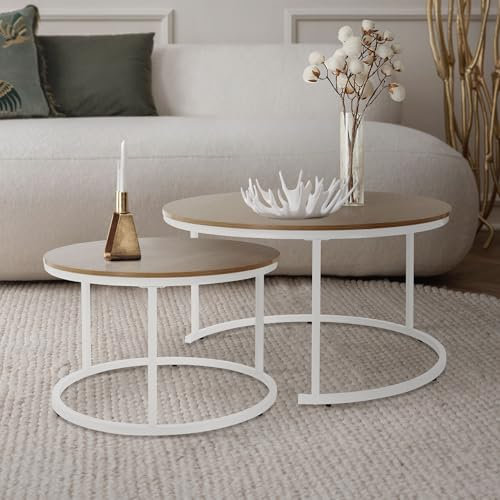 ML-Design Couchtisch 2er Set rund Ø60x40 cm/Ø80x45 cm, Naturholzoptik Platte, Metallgestell Weiß, Beistelltisch-Set, Satztische in 2 Größen, 2 teilig Wohnzimmertische, Sofatische Kaffeetische Set