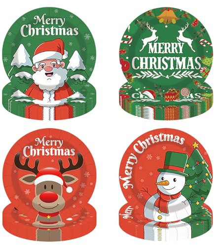 Ficlwigkis 60pcs Christmas Plates Set 9 Inch Santa Snowman Christmas Paper Plates Christmas Dinner Set Party Tableware for Christmas Xmas Party Decoration (B)