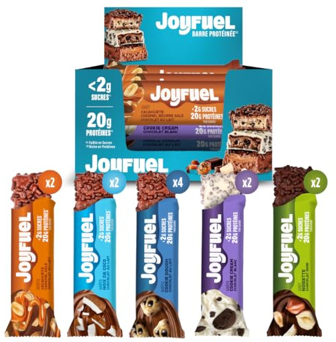 JOYFUEL Coffret panachée de 12 Barres Protéinées de 55gr -Découvrez l'assortiment des barres JOYFUEL au Chocolait au lait, noir ou blanc <2g de sucre - 20g de protéines -
