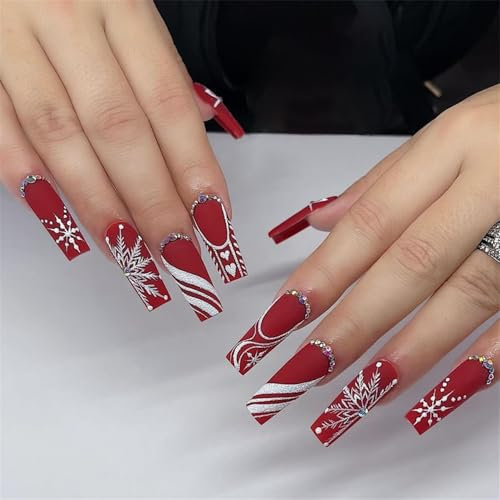 Long Coffin Press-On Fake Nails Christmas Nail Art Decoration Matte Red Manciure for Women and Girls 24pcs