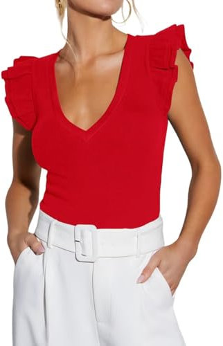 LACOZY Women's Red V Neck Sleeveless Shirt Rib Knit Ruffle Tank Flutter Blouse Office Tight Tee Country Concert Trendy Top Sexy Summer Crop Shirts Red S