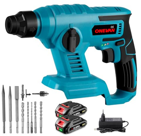 ONEVAN tassellatore a batteria, 2 Joule martello demolitore con due batterie da 2.0Ah, 5000 BPM, 2-in-1 trapano tassellatore e martelli demolitori, demolitore a batteria SDS Plus