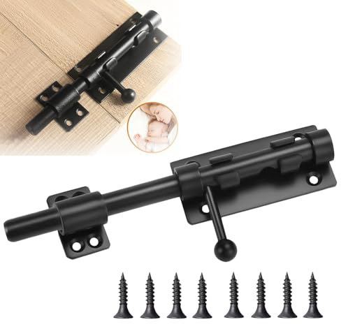 Luckwaii Verrou de porte coulissante robuste avec trou de cadenas, 195 mm de long, verrou coulissant en acier inoxydable SUS304 avec vis pour chambre à coucher, toilettes (noir mat)