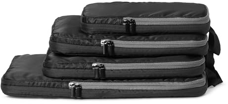 Amazon Essentials Packwürfel Kompression, Ultraleichte Organizer mit Reißverschluss, Recyceltes rPET, 4er-Pack, Schwarz, für Reisen