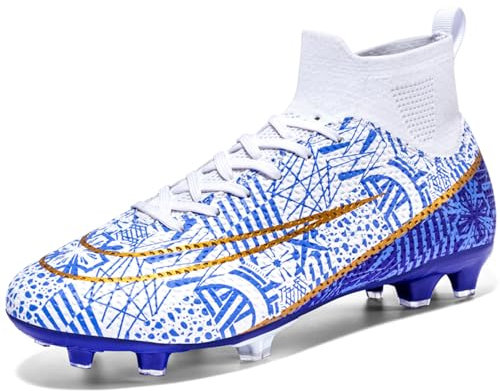 NUTTOPL Boys Football Boots Kids Soccer Athletics Astro Turf Training Shoes High Top Non-Slip Junior Soccer Shoes Outdoor Sneakers for Unisex White Blue 4 UK