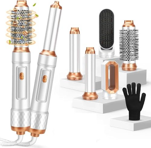 Set de cepillos de aire caliente 5 en 1 con rizadores, plancha, voluminizador y secador de pelo para peinar, para todo tipo de cabello, cuidado del cabello con iones negativos