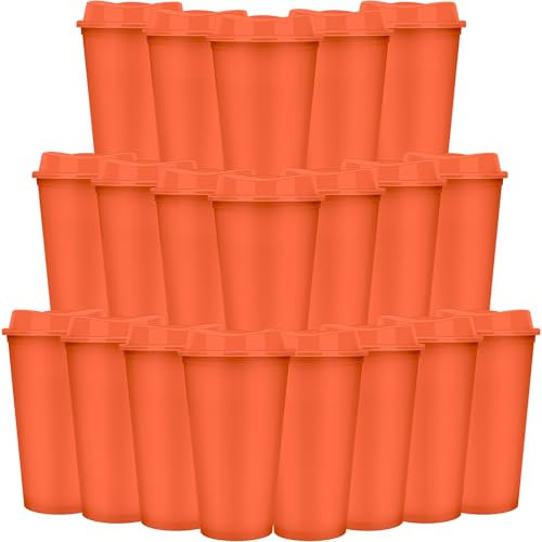 20 Pcs Reusable Coffee Cups with Lids 470 ml Plastic Tumblers Iced Coffee Cup Travel Mug for Adults and Women Kid Hot and Cold Drinks, Microwaveable (Orange)