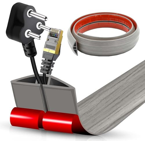 Goulotte de Câble au Sol Auto-Adhésive | Passage de Câbles Plat & Flexible | Protection Anti-Trébuchement pour Bureau & Maison (Grain de Bois Gris, 5cm x 3m)
