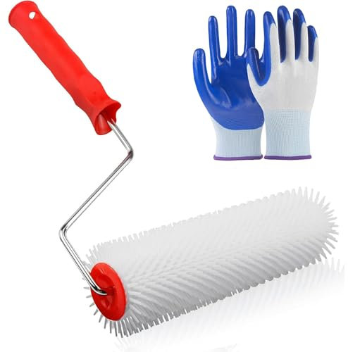 YOYEAH Rullo di sfiato per massa di compensazione 23 cm – Lunghezza del perno 14 mm – con guanti in nitrile, rullo di sfiato e rullo spinato composto di compensazione per pavimenti.