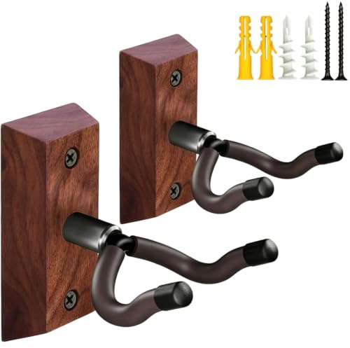 MUSO Gitarren-Wandhalterung, 2 Stück, schwarzes Walnussholz, Gitarrenhaken, Gitarrenhalter, Wandaufhängung, Gitarrenständer, Gitarrenzubehör für Akustik-, E-Gitarre, Banjo, Bass, Ukulele