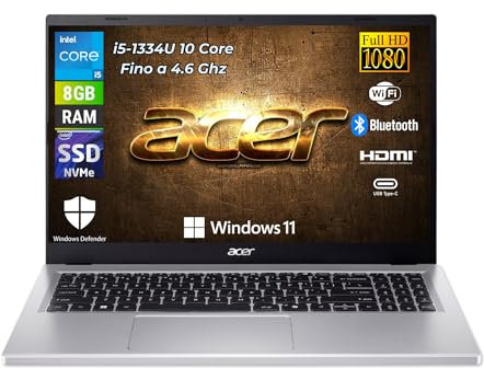 acer Extensa 15, Pc Portatile Silver Intel i5-1334U 10 Core 3.5 Ghz, Ram DDR5 8Gb, SSD NVMe 256Gb, Display 15,6 FHD, Notebook con Win 11 Pro, Garanzia Italia