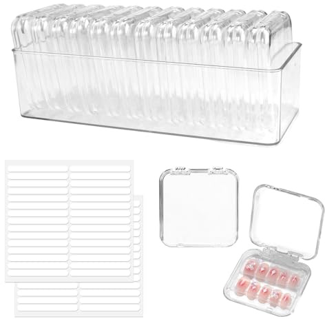 zorvixal 12 Stück Aufbewahrungsbox der Nägel Press on Nails Storage Box | 8,5 X 8,5cm, 60 Doppelseitige Klebestreifen und Eine Große Aufbewahrungsbox zur Präsentation und Lagerung von Nageldesigns