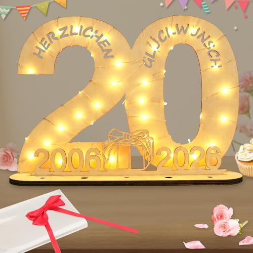 Seutgjie Geschenk 20. Geburtstag Frau Mann 2006-2026, 20 Geburtstag Deko Porzellanhochzeit Holz Schild Gästebuch, Geldgeschenke Geburtstag 20 Geburtstagskarte mit LED Lichterkette Geschenkpapier