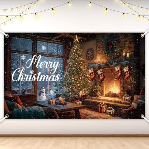 Penitue Merry Christmas Hintergrund, 180x110cm Weihnachtsdekoration Banner Frohe Feiertage Hintergrund für Fotografie Zuhause Dekor Hofschild Winter Partyzubehör (Kamin)