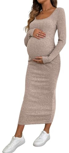 GORGLITTER Vestiti aderenti da donna eleganti abito a maglia per donne incinte vestito a maniche lunghe midi abito premaman tinta unita vestito casual autunno outfit, rosa chiaro, S
