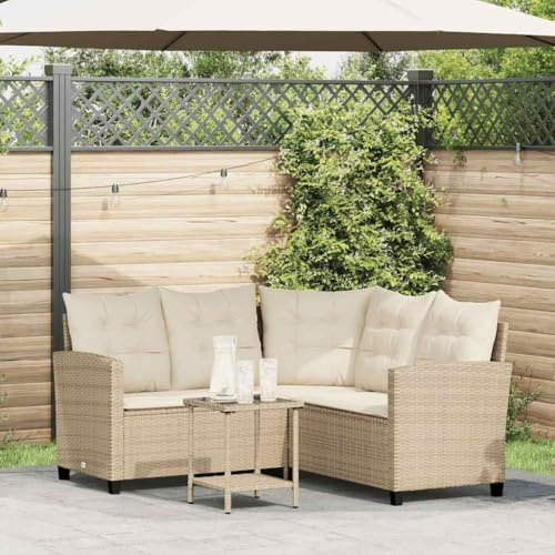 Kaloriko Canapé de jardin, en forme de L, en polyrotin, beige, 146 x 146 x 76 cm, avec table basse, plateau en verre et coussin, robuste, pour terrasse, jardin