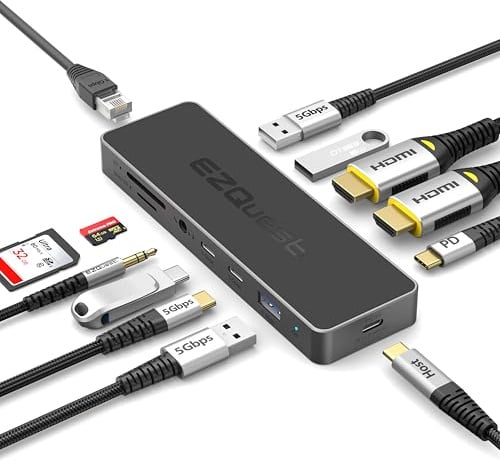 EZQuest USB-C Hub 12-in-1 Pro Series: Dual 4K 60Hz HDMI, 100W PD, Gigabit Ethernet, 5X USB Ports (2X USB-C, 3X USB-A 5Gbps), SD/MicroSD, Audio Jack - Docking Station for Windows, MacBook Pro/Air