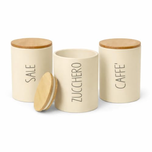 MECSAL CASALINGHI Set 3 Barattoli Cucina in Ceramica con Coperchio Bambù 10x13 cm – Contenitori Sale Zucchero Caffè – Porta Alimenti Dispensa Design Moderno – 4 Colori (Tortora)