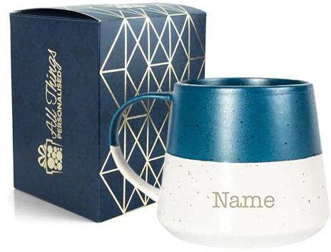 Personalised Ceramic Coffee Mug with Name - 370ml Stoneware Belly Mug - Custom Engraved Gift Boxed Cup for Tea & Coffee - Birthday Christmas Gift for Her Him - Navy Blue