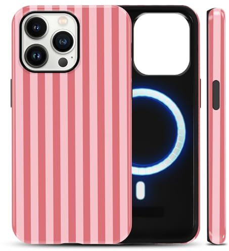 Yoedge Cute Striped Phone Case Compatible with iPhone 11 Pro 5.8 Compatible with Magsafe, Trendy Retro Pink Stripe Pattern Pretty Glossy Hybrid 2-Layer Hard Shell Phone Cover for Girls Women