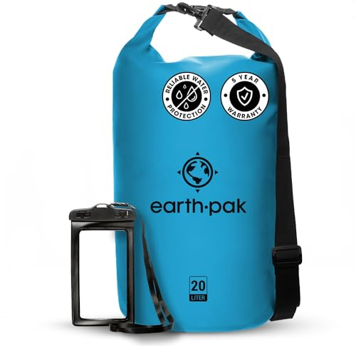 Earth Pak – Wasserdichter Packsack mit Schultergurt und wasserfester Handyhülle – Ideale Rolltop Tasche beim Kajak Fahren, Wandern, Camping, Angeln, Bootfahren und Rafting (Hellblau, 40L)