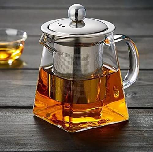 YUEMING Glass Teapot with Infuser, 550 ml in Square Shape Borosilicate Glass Tea Pot with Tea Strainers for Loose Leaf Tea, Microwavable and Stovetop Safe,Removable 304 Stainless Steel Infuser