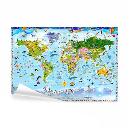 decomonkey Papier Peint Panoramique Enfants Carte du Monde 200x140 cm | Décoration murale, Pour les enfants drapeaux colorés continents cartes plantes monde animaux enfant d'âge préscolaire