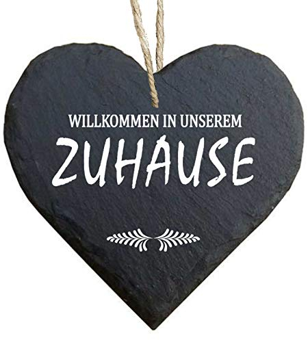 Homeyourself Herz Schieferherz Schiefer Schieferschild 10 x 10 cm Willkommen in unserem Zuhause schwarz Dekoschild Wandschild Schild Stein Zuhause Haus Einweihung Wohnung