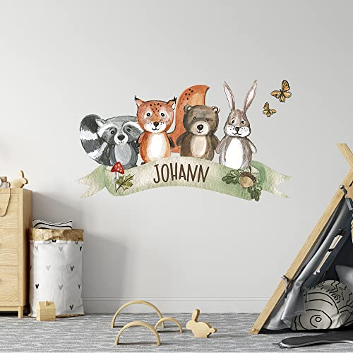 GRAZDesign Wandtattoo Kinderzimmer Waldtiere mit Namen personalisiert | Wandsticker Kinderzimmer | selbstklebende Aufkleber Tiere mit Wunschnamen, Blattgröße: 100x57cm - Tiere mit Wunschnamen