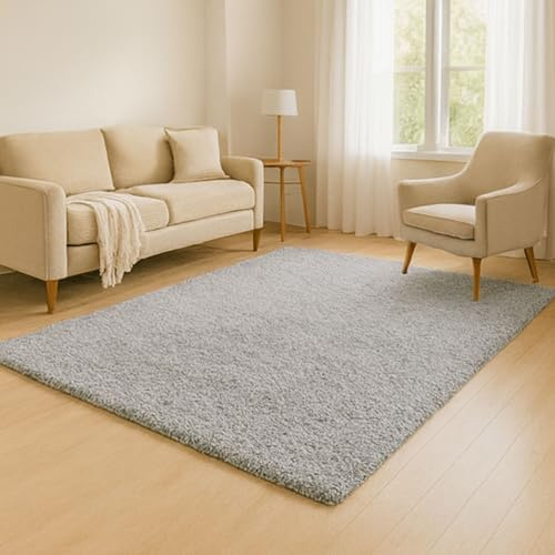 HMWD Deep Pile Silver Grey Shaggy Area Rugs Thick Anti-Skid Plain Non-Shedding Soft Touch Floor Carpet Living Room Bedroom Large Hallway Runner Mat Rug-(Available in 4 Sizes) (120x170 cm)