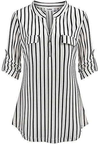 Lalala Streifen Hemd Damen Verstellbarer Ärmel Oberteil Lässige Gestreifte Bluse Shirt Mit Reißverschluss (Weiß,M)