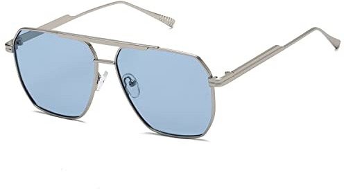 kimorn Polarisierte Sonnenbrille für Damen und Herren, Retro, übergroß, quadratisch, Vintage, modisch, UV400, klassische große Metall-Sonnenbrille K1221, silber, blau