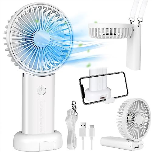 Handheld Fan Portable Fan Rechargeable 3 in 1, Hand Held Fan Battery Powered USB, Mini Fan Portable Hand Fan Foldable with 3 Speed, Small Fan Desk fan Neck Travel Fan for Office, Home, Trip(White)