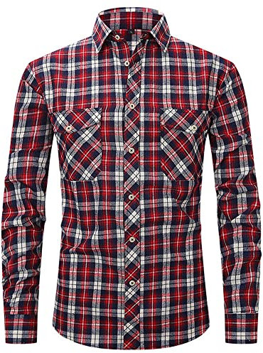 AOKODA Hemd Herren Revers Klassisch Kariert Hemd Herren Doppelte Tasche Knopfleiste Langarm Freizeithemden Herren Slim Fit All-Match Basic Trachtenhemd Herren N-Red Blue XL