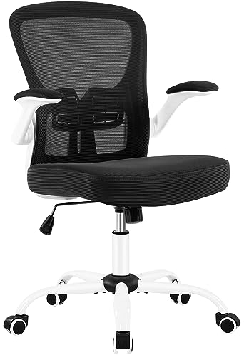 Yaheetech Bürostuhl ergonomisch, Schreibtischstuhl mit klappbaren Armlehnen, Netzbespannung, Höhenverstellbarer Computerstuhl mit Gepolstertem Sitzkissen, 360° Drehstuhl, platzsparend Weiß