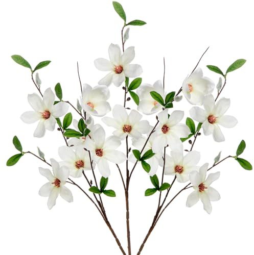 Briful 3er Set Kunstblumen Magnolie Künstlicher Zweig mit Weiß Magnolienblüten Dekoblumen für Blumengesteck Vasen Home Dekoration, Länge 64 cm