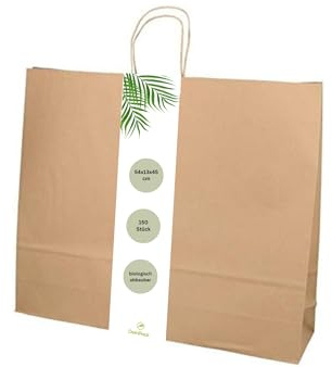 DeinPack 150 Papier Tragetaschen 54 x 13 x 45 cm groß I Umweltschonende Papiertüten Geschenktüten Papiertragetaschen biologisch abbaubar, kompostierbar I braune Papier Tüten
