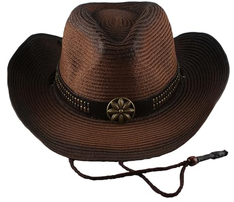 PIDUDU Cowboy-Strohhut, klassischer Filzhut mit breiter Krempe, Western-Stil und Cowgirl-Hut mit Schnalle, Damen und Herren, Kaffee, Einheitsgröße