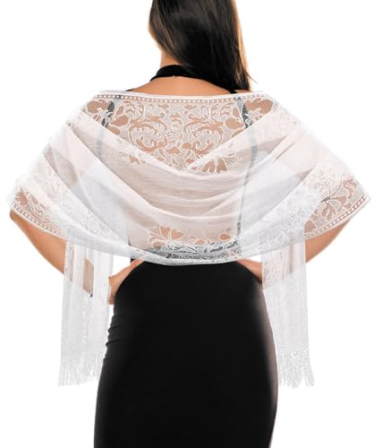 Jeffdad Spitze Stola, Stola Damen Festlich Umschlagtuch Spitzenschal mit Quasten Festliche Stola Für Abendkleid Schal Stola für Abend Party Mesh Hochzeit Schals(Weiß)