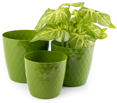 Lot de 3 Pots de Fleurs Décoratifs Intérieur/Extérieur - Tailles 14/16/18 cm - Surface en Cristal Brillant - Plastique Vert