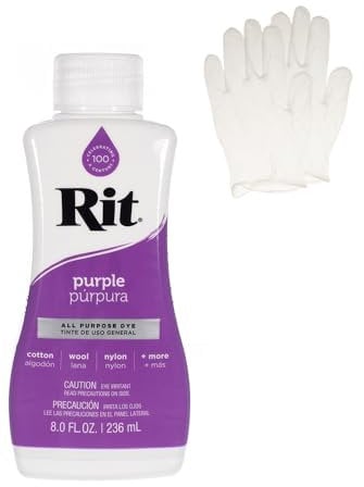 Rit Dye - Tinte líquido para tela, para manualidades, ropa y decoración, botella de 8 onzas, morado (guantes incluidos)