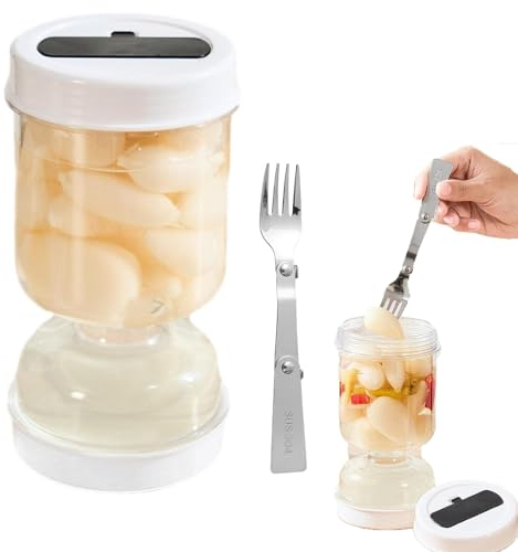 Bote Aceitunas con Escurridor, Colador de Pepinillos Multifunción Bote Aceitunas Separador Liquido, Tarro de Escurrido de Pepinillos con Tenedor y Tapa Hermética a Prueba de Fugas