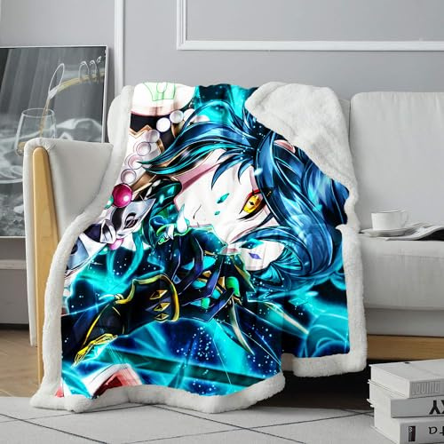 CHTLIFQ Fleece Bettüberwürfe Genshin Impact Xiao 3D Sherpa Überwurf, Bettwäsche, Plüsch, warm, gemütlich, weich, Ganzjahres Überwurf, Decken, Kinderbettwäsche, Sherpa