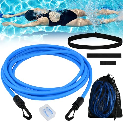 SLTAXAR Cinturón de Natación para Piscina 4m, Cinturón Entrenamiento Natacion, Cinturón de Natación Ajustable, Cuerda Entrenamiento Natacion con Pinza de Nariz para Natación para Niños y Adultos