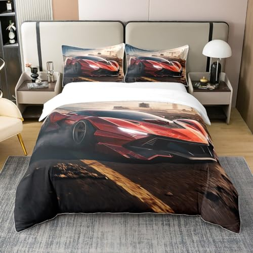 100% Baumwolle Rot Race Auto Tröster Abdeckung 135x200,Cool Racing Auto Bettbezug für Kinder,Sport Auto Bettwäsche Set,Extreme Sport Thema Bett Set Schlafzimmer Dekor Mit Reißverschluss Krawatten