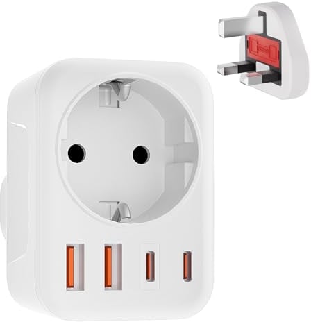 Clomnpe Adaptador Enchufe UK, 5 en 1 Adaptador Enchufe Europeo a UK con 2USB+2USB C, Adaptador Enchufe Españo a Ingles, Adaptador Enchufe Universal Tipo G para Irlanda/Escocia/Maldivas/Dubai/Qatar