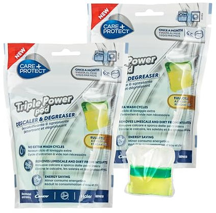 C+P Triple Power Pod Descalcificador y Desengrasante para Lavadora/Lavavajillas, Higienizante de Ciclo Completo, Limpiador, Eliminador de Cal, Solución de Ahorro de Energía, 6 Cápsulas