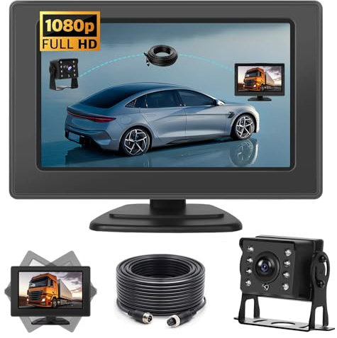 Hikity Rückfahrkamera HD Autokamera Set mit 4.3Zoll HD Monitor Einparkhilfe mit Halterung / IP68 wasserdichte Rückfahrkamera für LKW/Van/Wohnmobil/Anhänger/PKW/Wohnwagen
